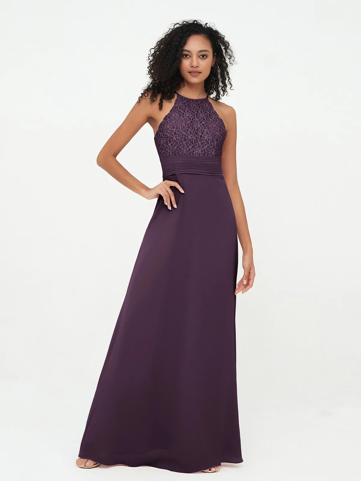 Halter Lace Top and Chiffon Open Back Dresses Plum