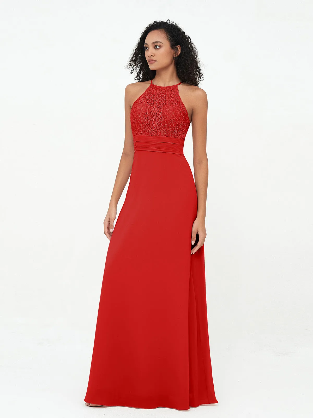 Halter Lace Top and Chiffon Open Back Dresses Red
