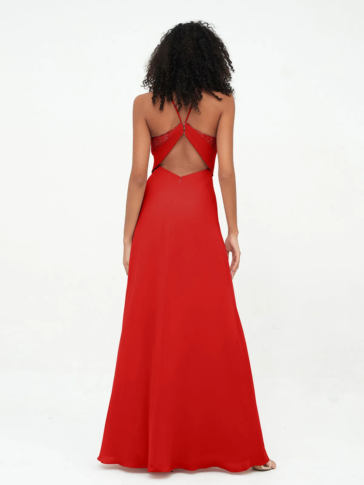 Halter Lace Top and Chiffon Open Back Dresses Red