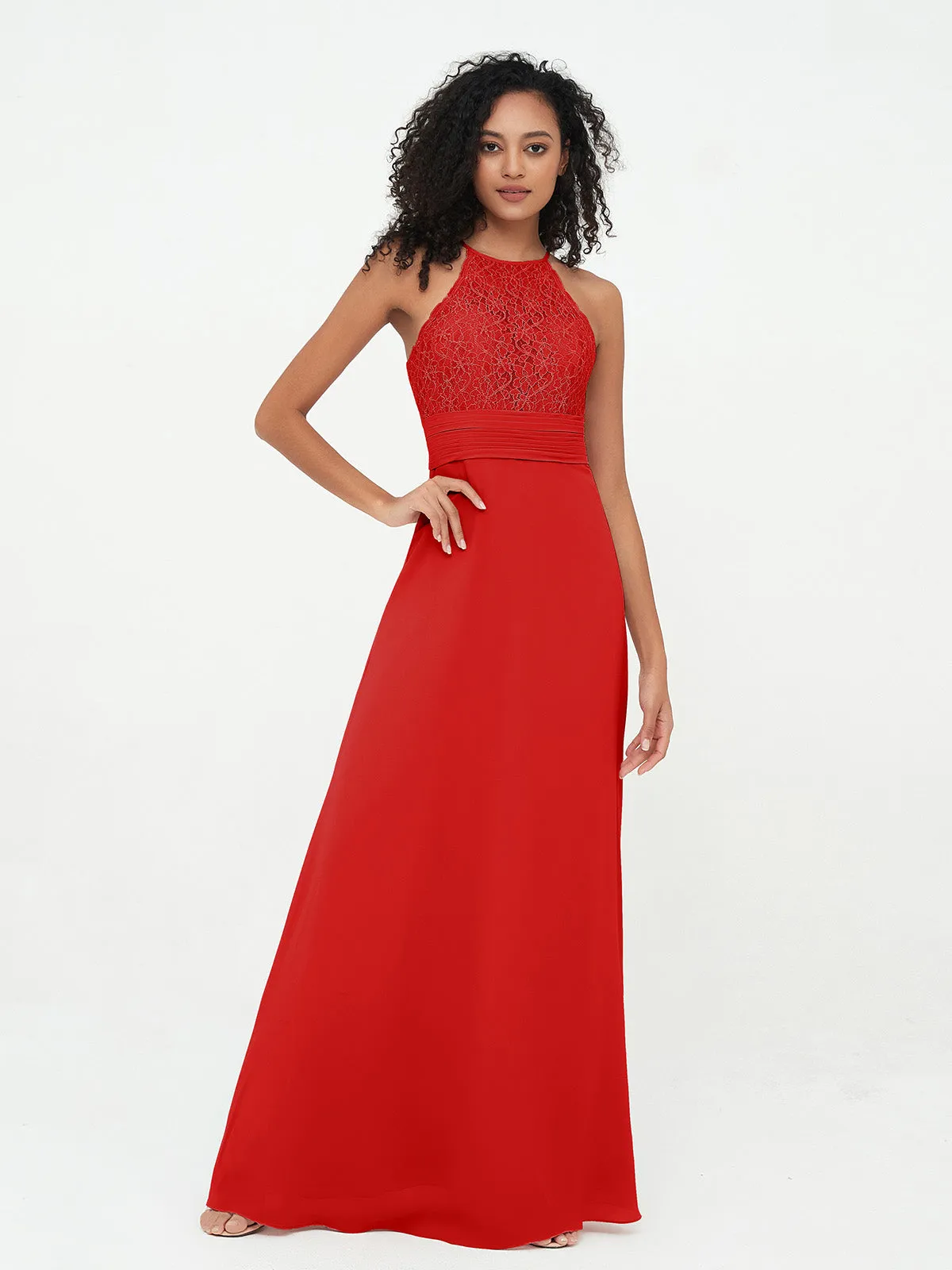 Halter Lace Top and Chiffon Open Back Dresses Red