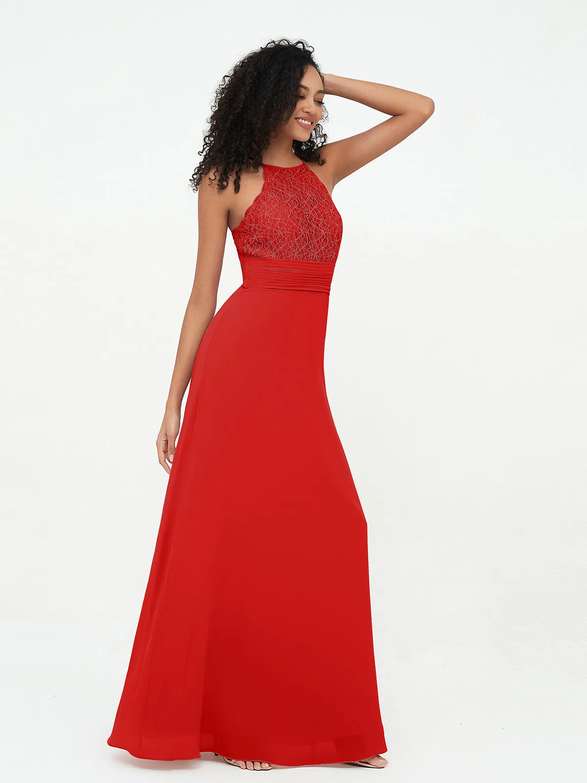 Halter Lace Top and Chiffon Open Back Dresses Red