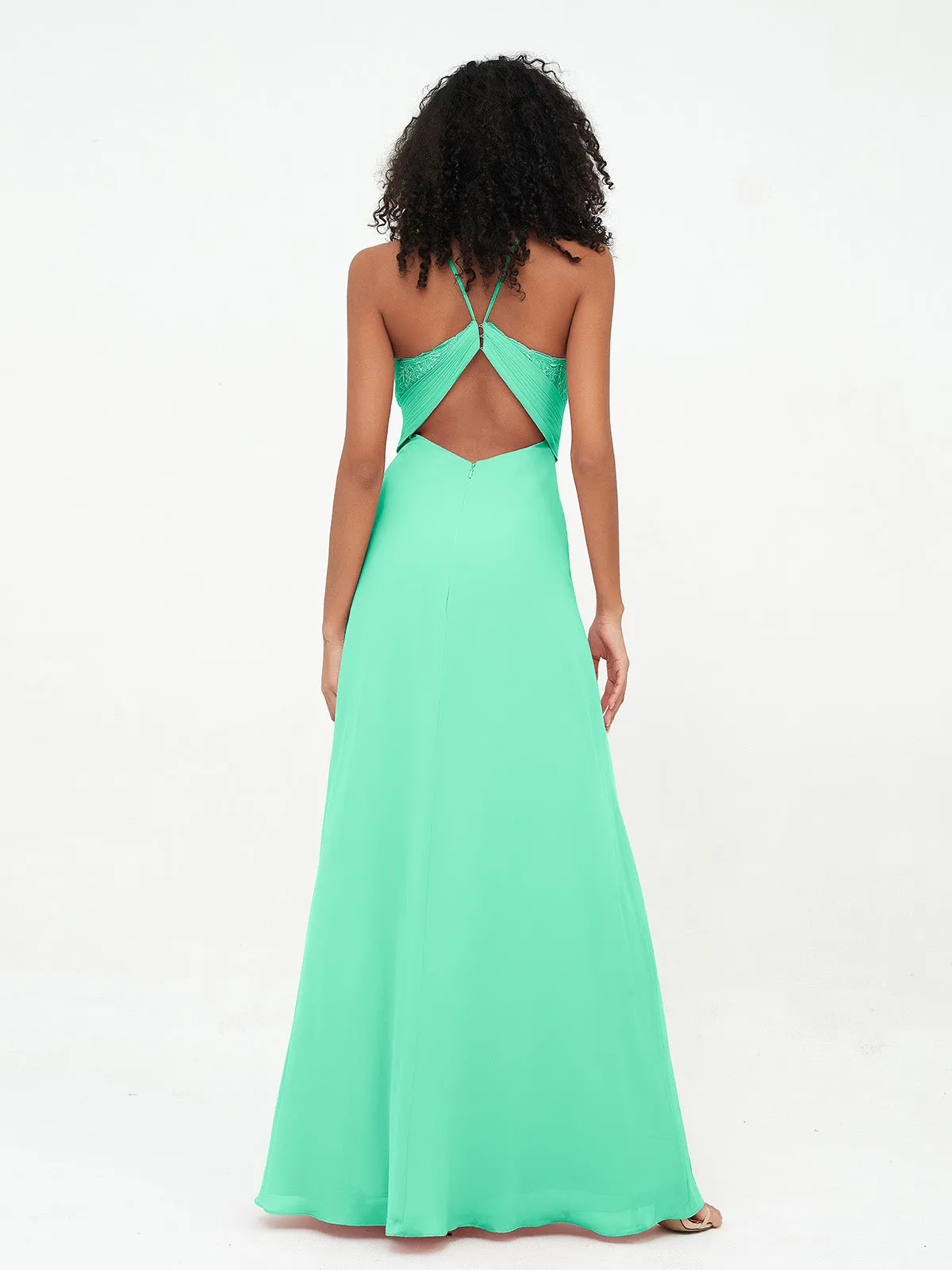 Halter Lace Top and Chiffon Open Back Dresses Turquoise