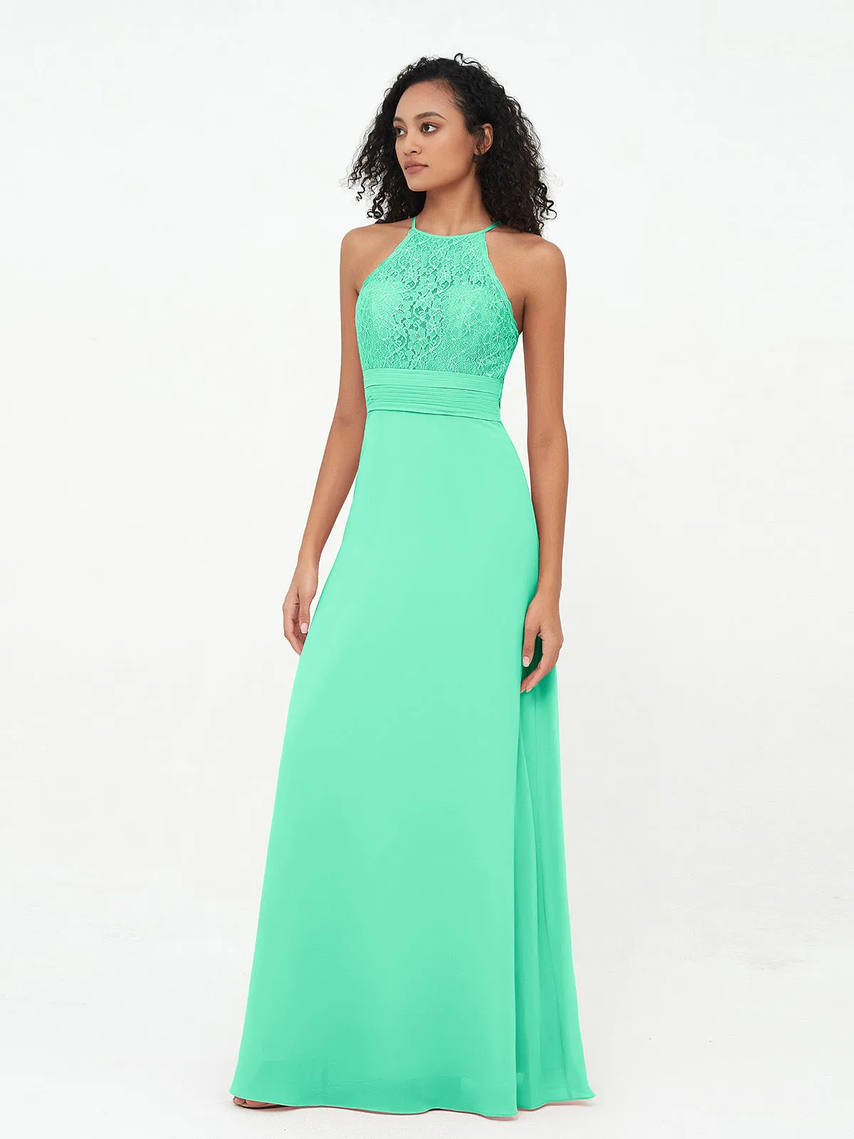 Halter Lace Top and Chiffon Open Back Dresses Turquoise