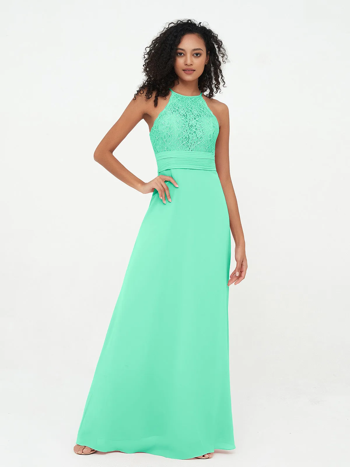 Halter Lace Top and Chiffon Open Back Dresses Turquoise