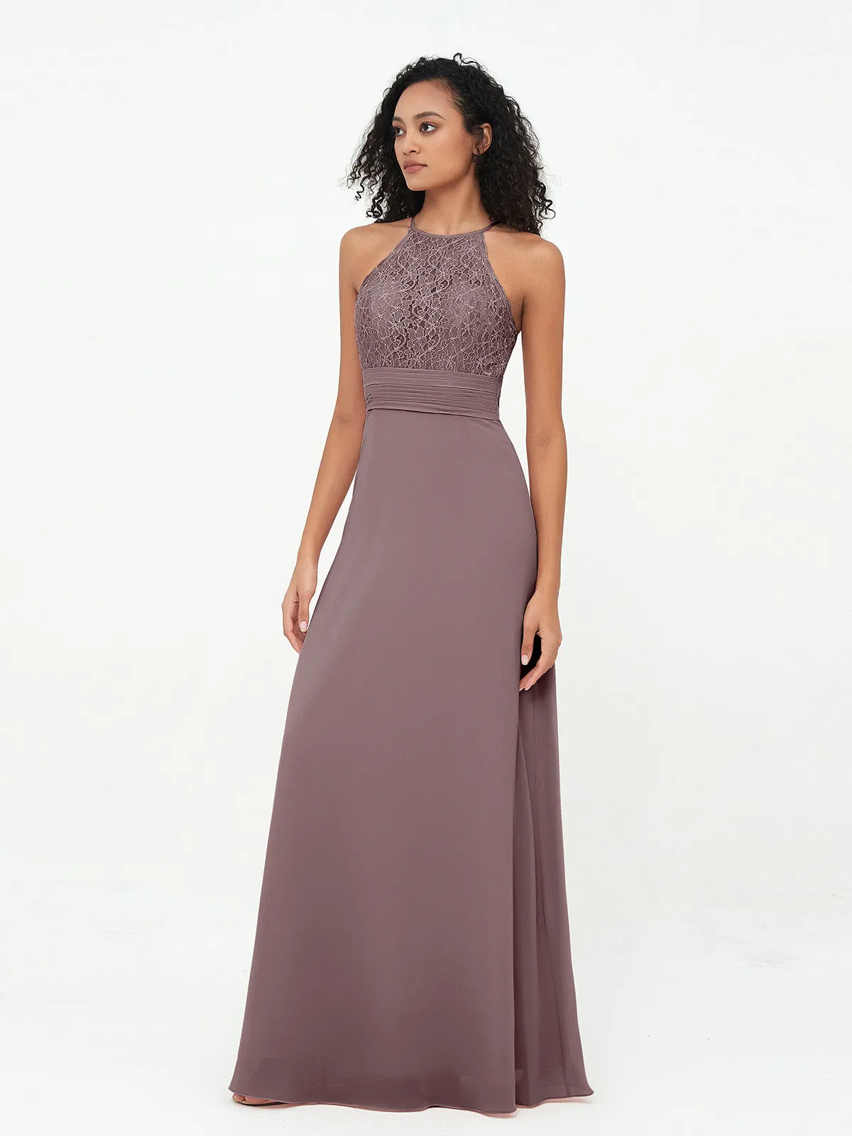 Halter Lace Top and Chiffon Open Back Dresses Vintage Mauve Plus Size