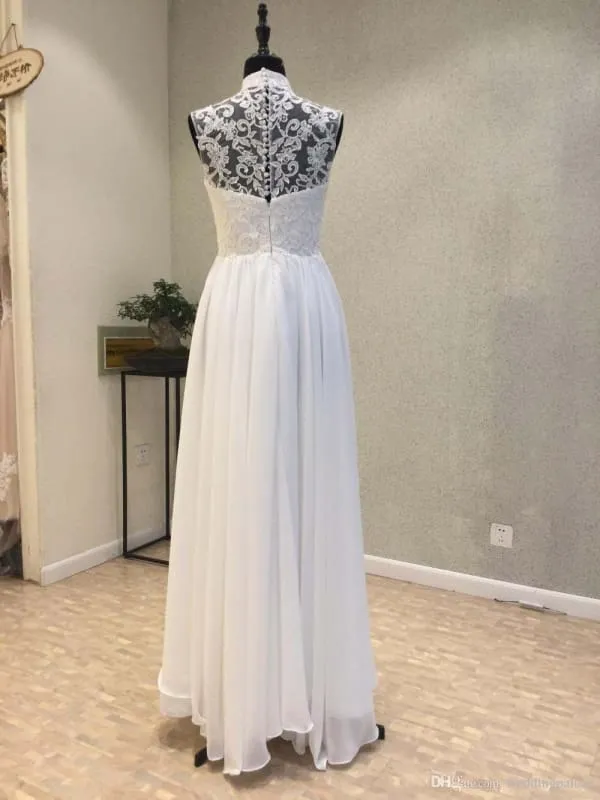 High Neck Chiffon A-Line Wedding Dresses Lace Button