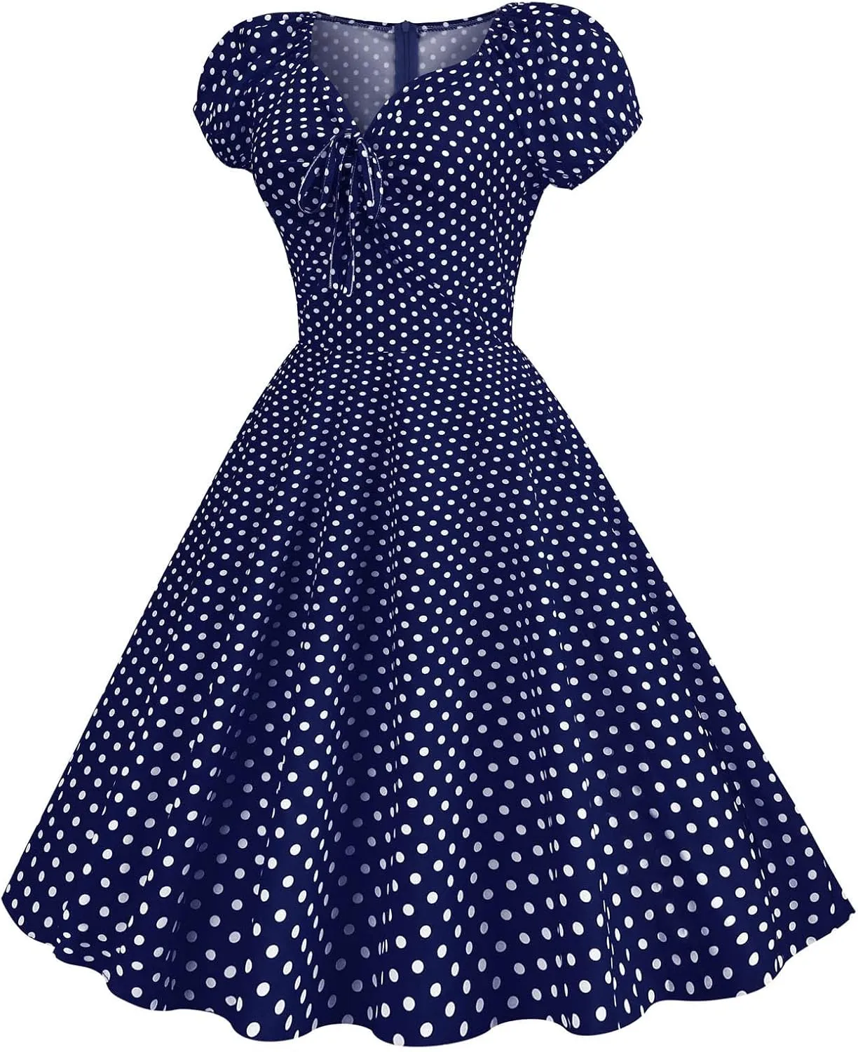 LAWOR Women's Puff Short Sleeve 1950s Dresses Polka Dot Print Tea Dresses V Neck Bowknot Rockabilly Dress Pleated Swing Dress