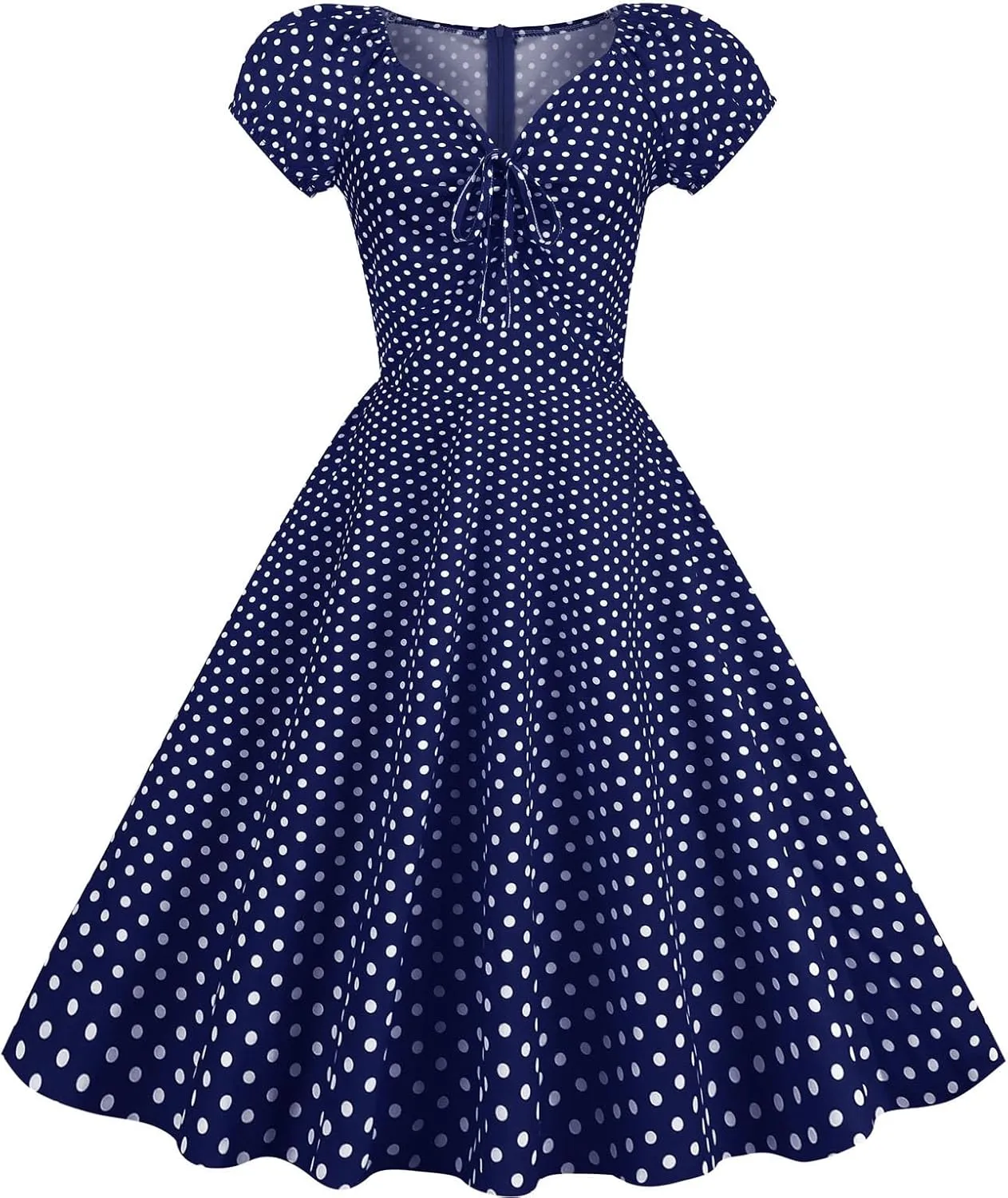 LAWOR Women's Puff Short Sleeve 1950s Dresses Polka Dot Print Tea Dresses V Neck Bowknot Rockabilly Dress Pleated Swing Dress