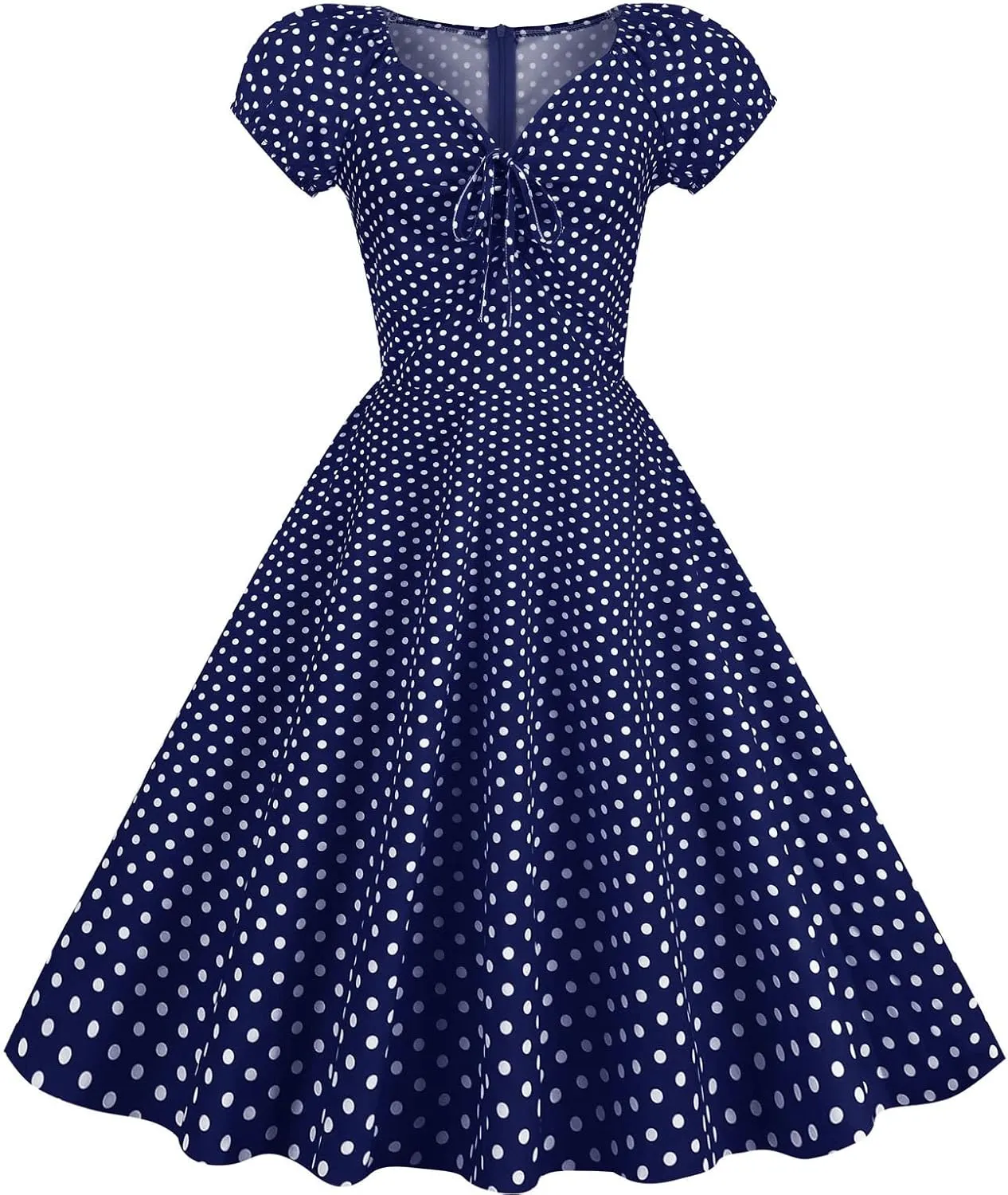 LAWOR Women's Puff Short Sleeve 1950s Dresses Polka Dot Print Tea Dresses V Neck Bowknot Rockabilly Dress Pleated Swing Dress