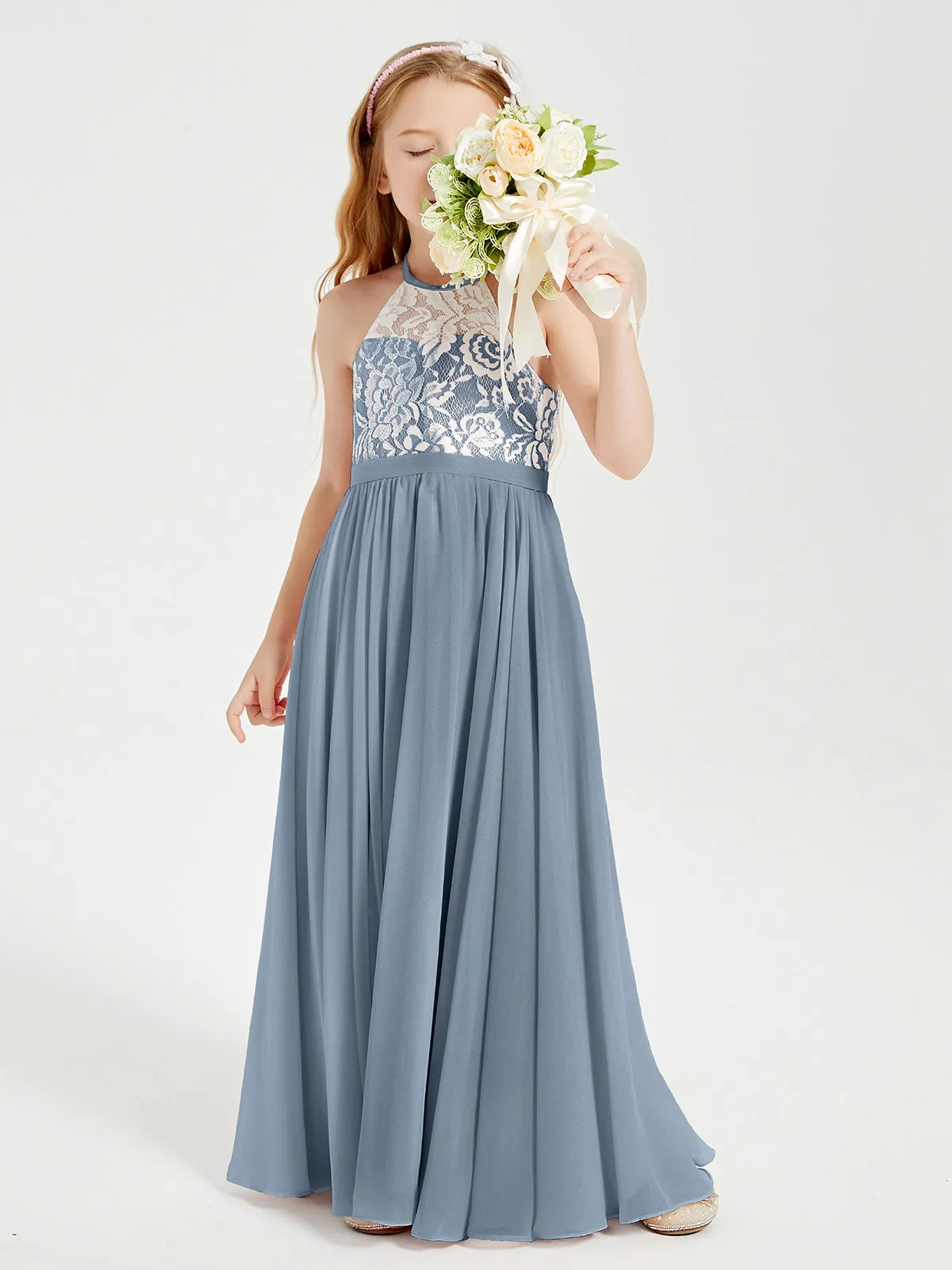 Long Chiffon Bridesmaid Dresses Lace Top Dusty Blue