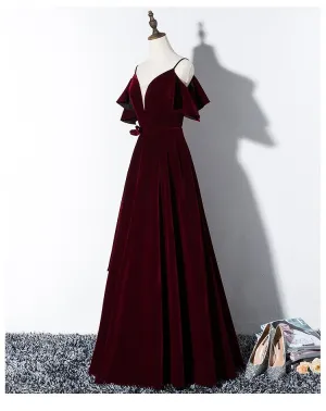 Luolandi Velvet A Line Spaghetti Straps Prom Dresses With Flounced Floor Length V-neck Evening Dresses