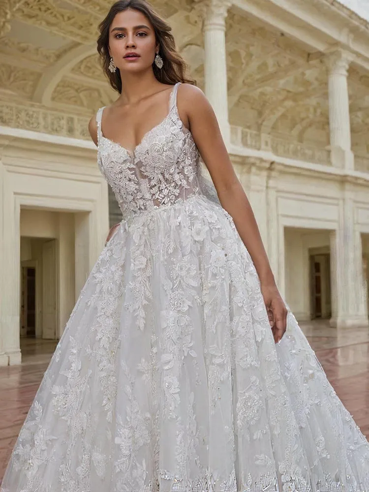 Luxury Ivory Sleeveless Spaghetti Straps Wedding Gown