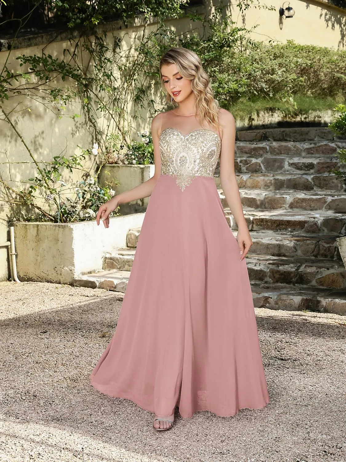 MisShow Women's Lace Applique Prom Dresses with Diamond Sheer Neck Long Chiffon Formal Evening Gowns