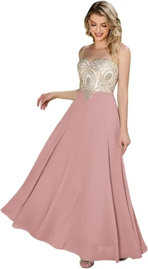 MisShow Women's Lace Applique Prom Dresses with Diamond Sheer Neck Long Chiffon Formal Evening Gowns