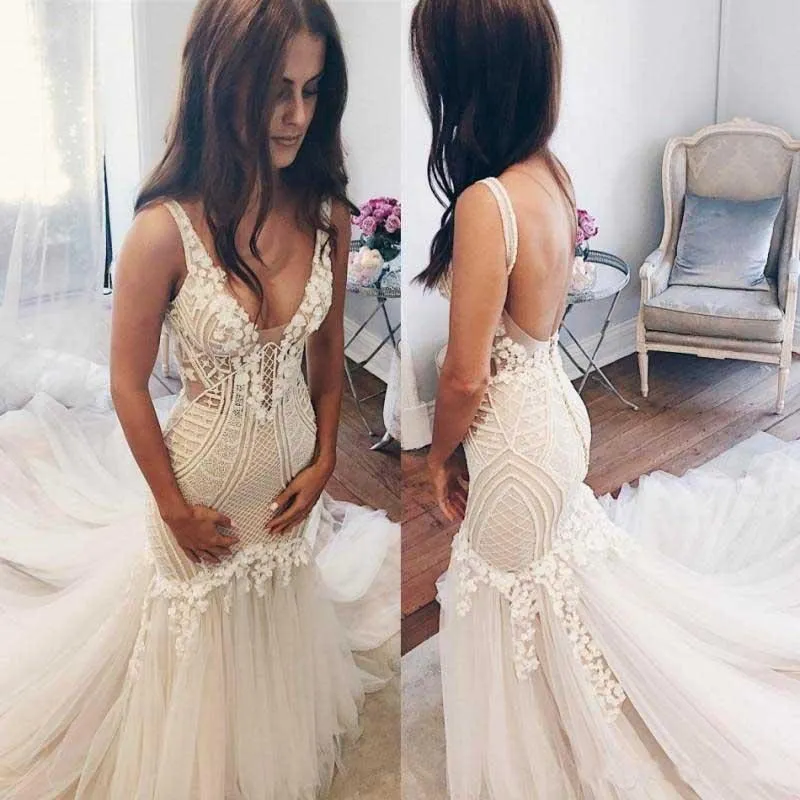 Modest Mermaid Ivory Sexy Sleeveless Lace Wedding Dresses PFW0073