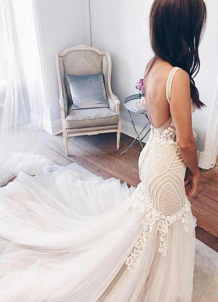 Modest Mermaid Ivory Sexy Sleeveless Lace Wedding Dresses PFW0073