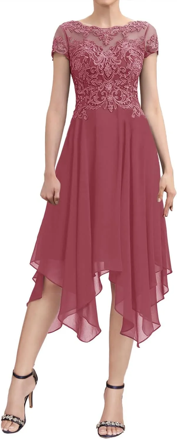 Mother of The Bride Dresses Lace Tea Length Wedding Guest Dresses for Women Short Sleeve Chiffon Evening Dresses