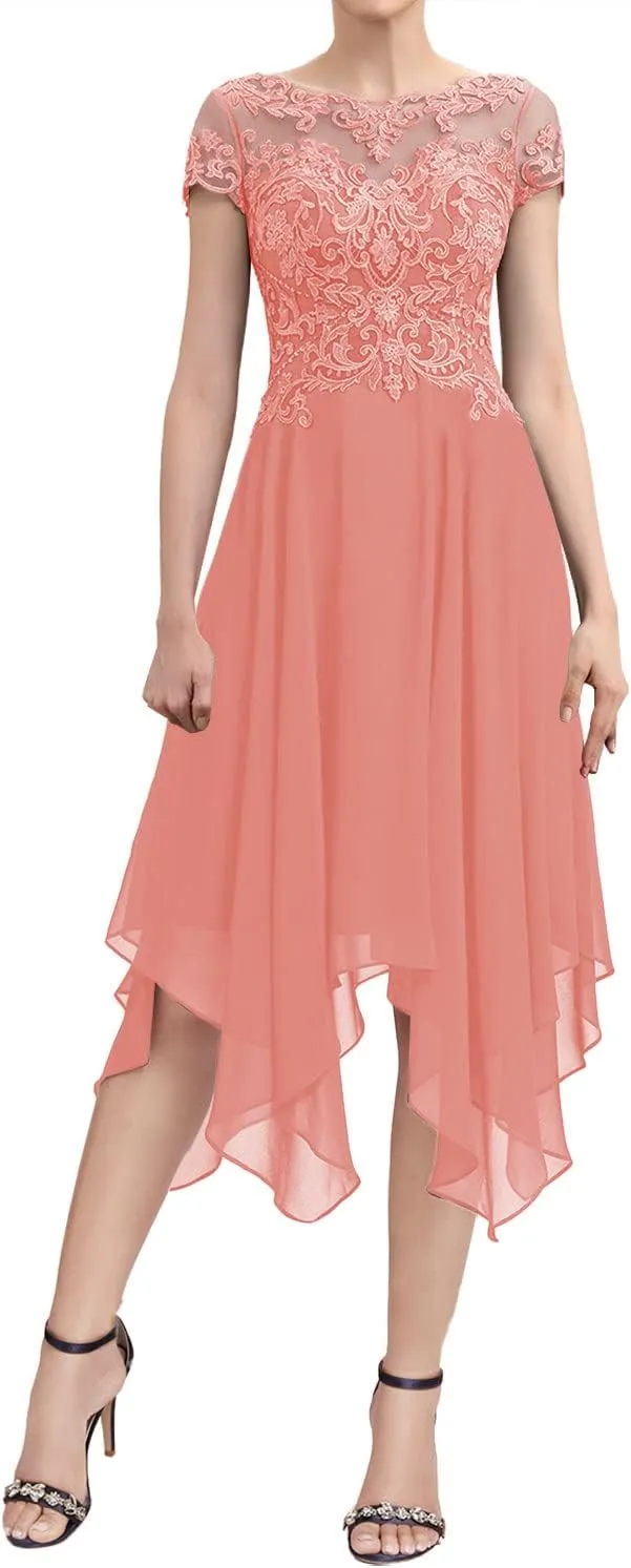 Mother of The Bride Dresses Lace Tea Length Wedding Guest Dresses for Women Short Sleeve Chiffon Evening Dresses