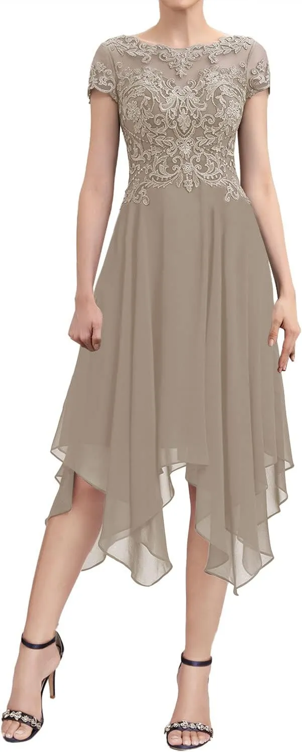 Mother of The Bride Dresses Lace Tea Length Wedding Guest Dresses for Women Short Sleeve Chiffon Evening Dresses