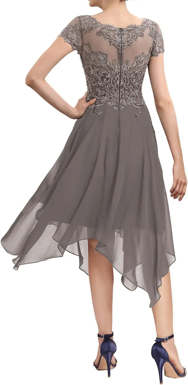 Mother of The Bride Dresses Lace Tea Length Wedding Guest Dresses for Women Short Sleeve Chiffon Evening Dresses