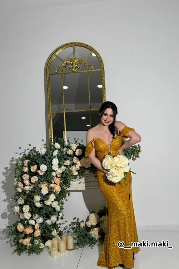 Off-Shoulder Sequins High Split Wrap Hip Dresses