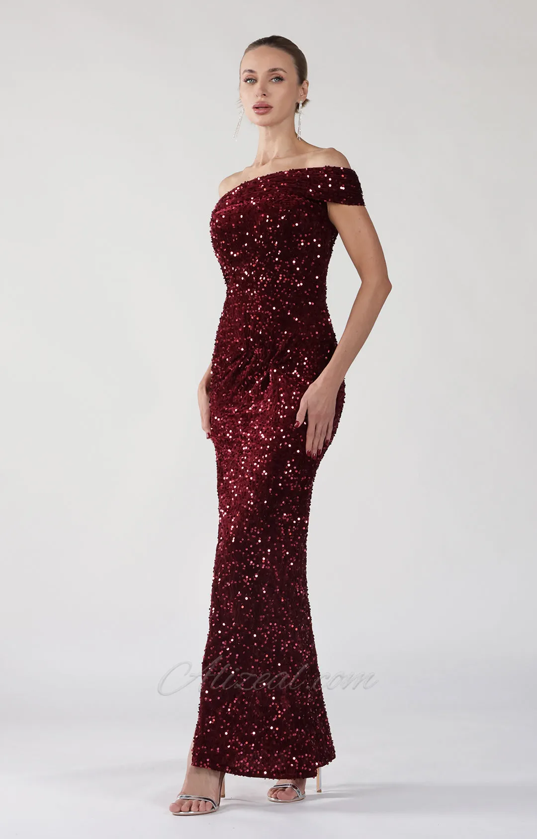 One Shoulder High Side Split Sparkly Sequins Sheath Maxi Dress