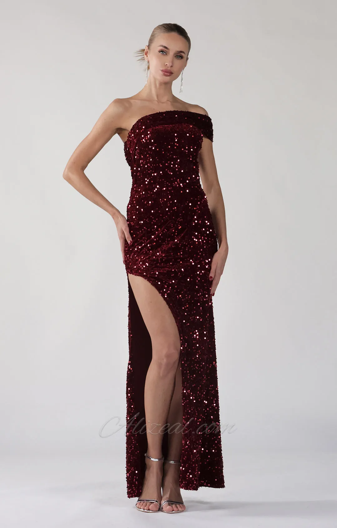 One Shoulder High Side Split Sparkly Sequins Sheath Maxi Dress