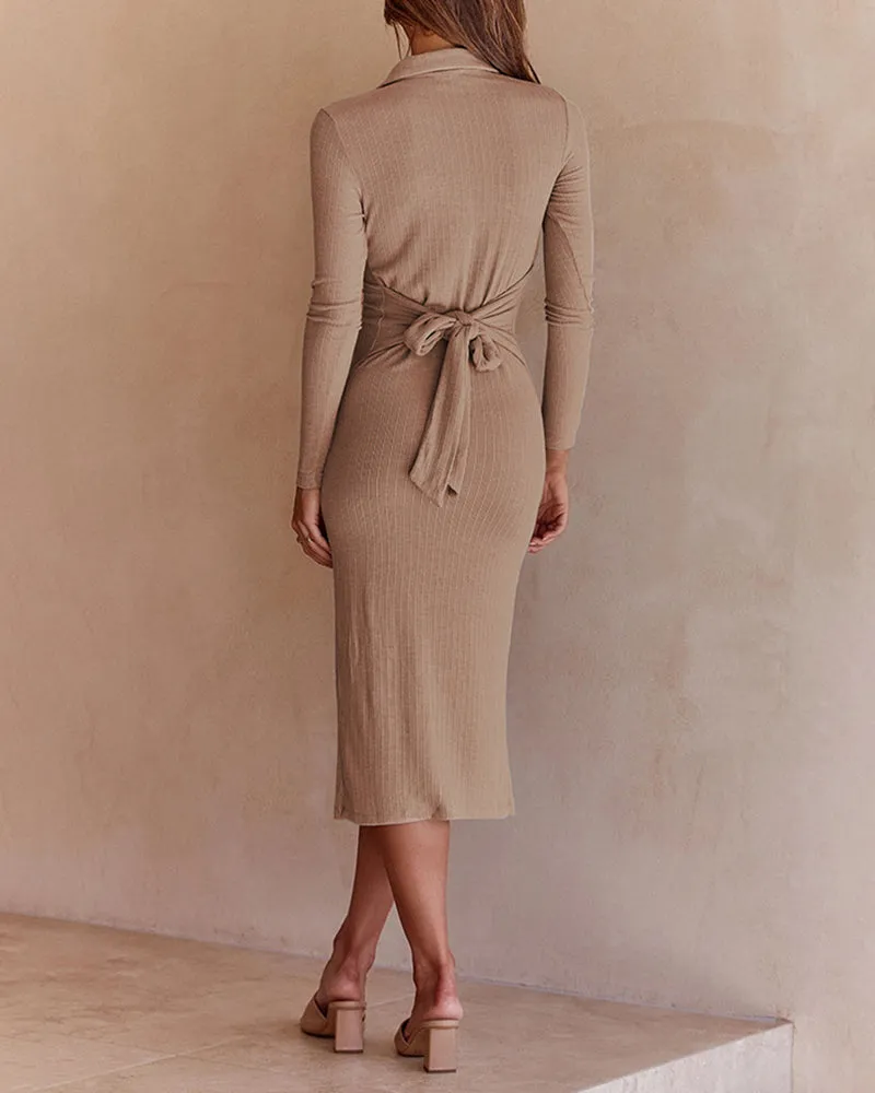 Sexy Slit Rib-Knit Slim Belt Dress