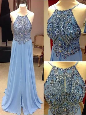 Sexy Spaghetti Straps Beaded Chiffon Long Backless Prom Dress, Long Backless Formal Dress