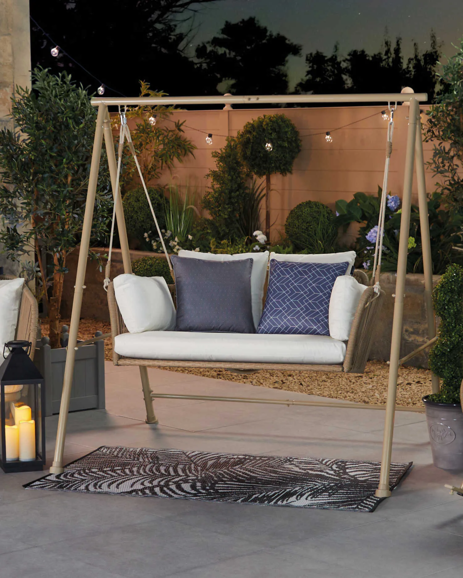 Sirena Double Seater Hanging Swing With Stand For Balcony , Garden Swing (White  Tan)