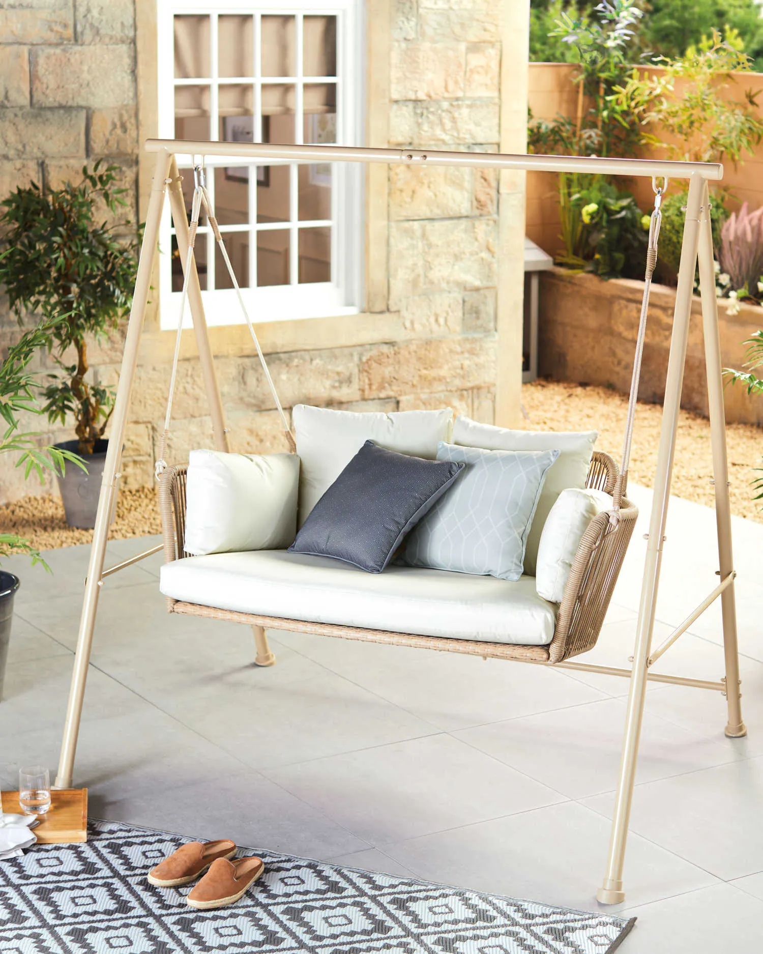 Sirena Double Seater Hanging Swing With Stand For Balcony , Garden Swing (White  Tan)
