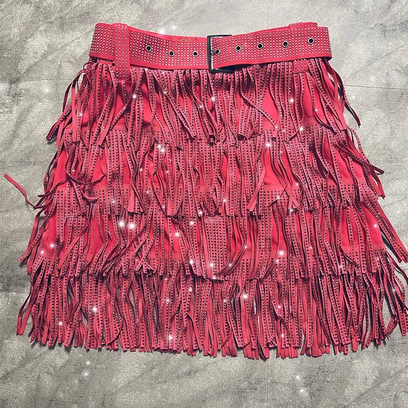 Skirt high waist belt multi-layer heavy rhinestone drilling