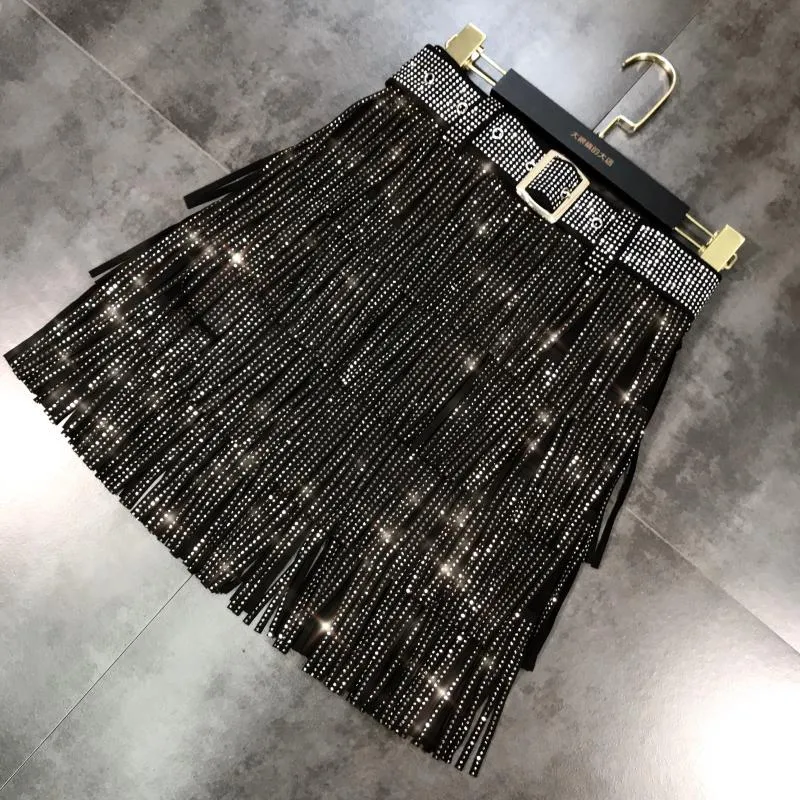 Skirt high waist belt multi-layer heavy rhinestone drilling