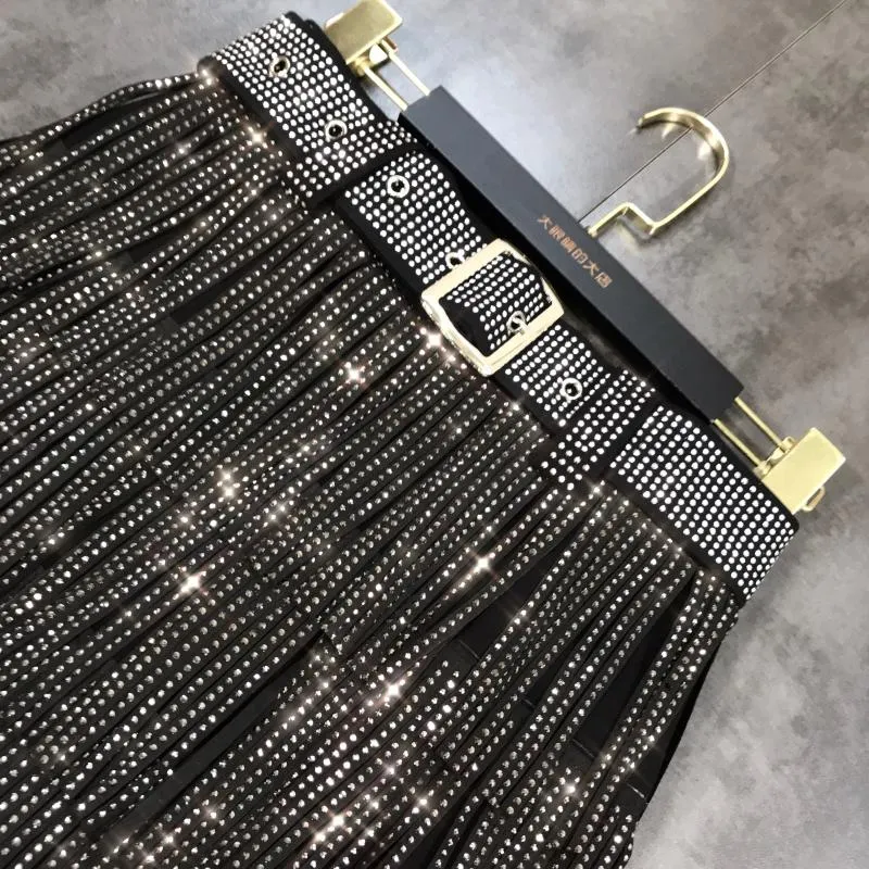 Skirt high waist belt multi-layer heavy rhinestone drilling