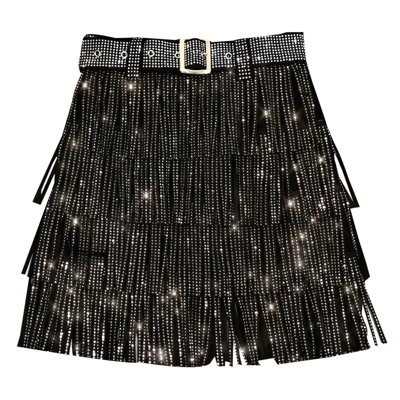 Skirt high waist belt multi-layer heavy rhinestone drilling