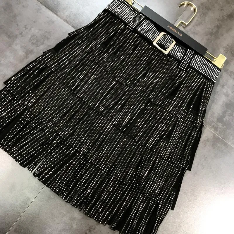 Skirt high waist belt multi-layer heavy rhinestone drilling