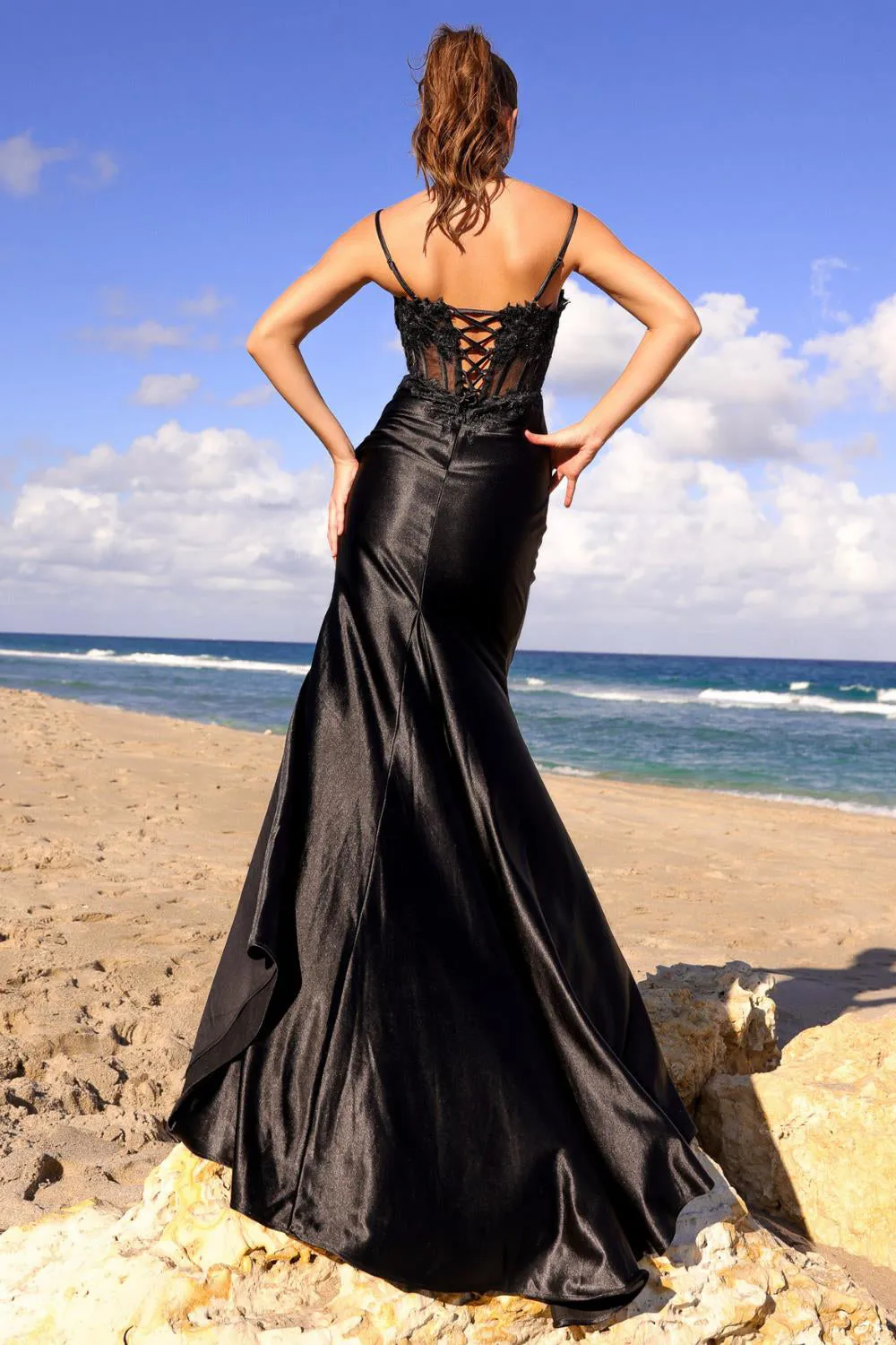 SLEEVELESS MAXI PROM SHEATH DRESS W/ FLORAL LACE & RHINESTONES EMBROIDERY