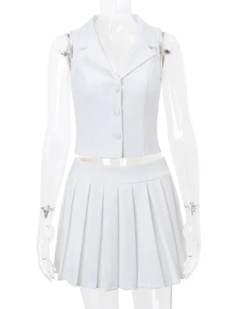 Solid Sleeveless Top Pleated Mini Skirt Suit