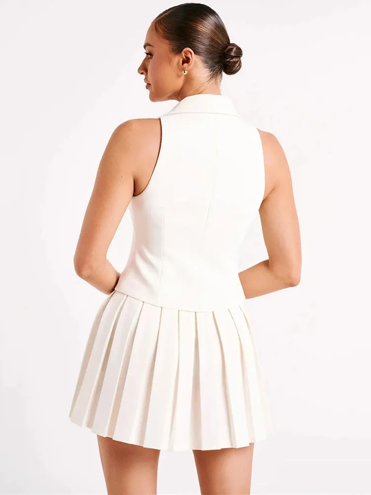 Solid Sleeveless Top Pleated Mini Skirt Suit