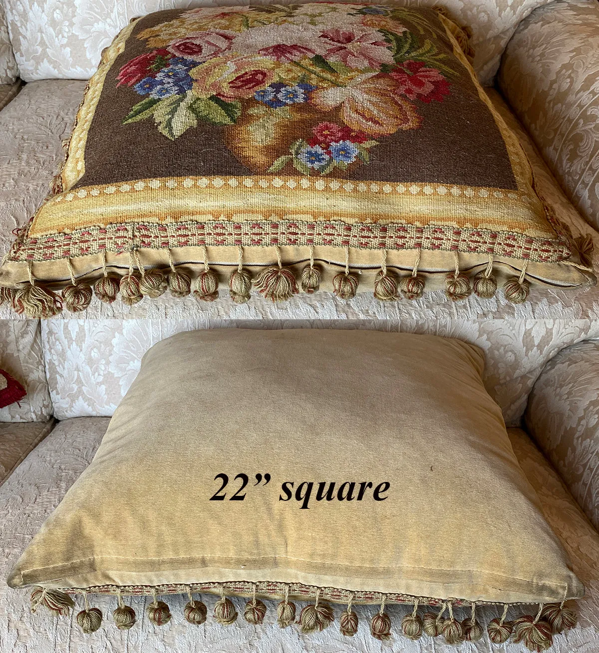 Superb 22" Square French Aubusson Tapestry Panel Vintage Pillow, Ball Fringe Passementerie