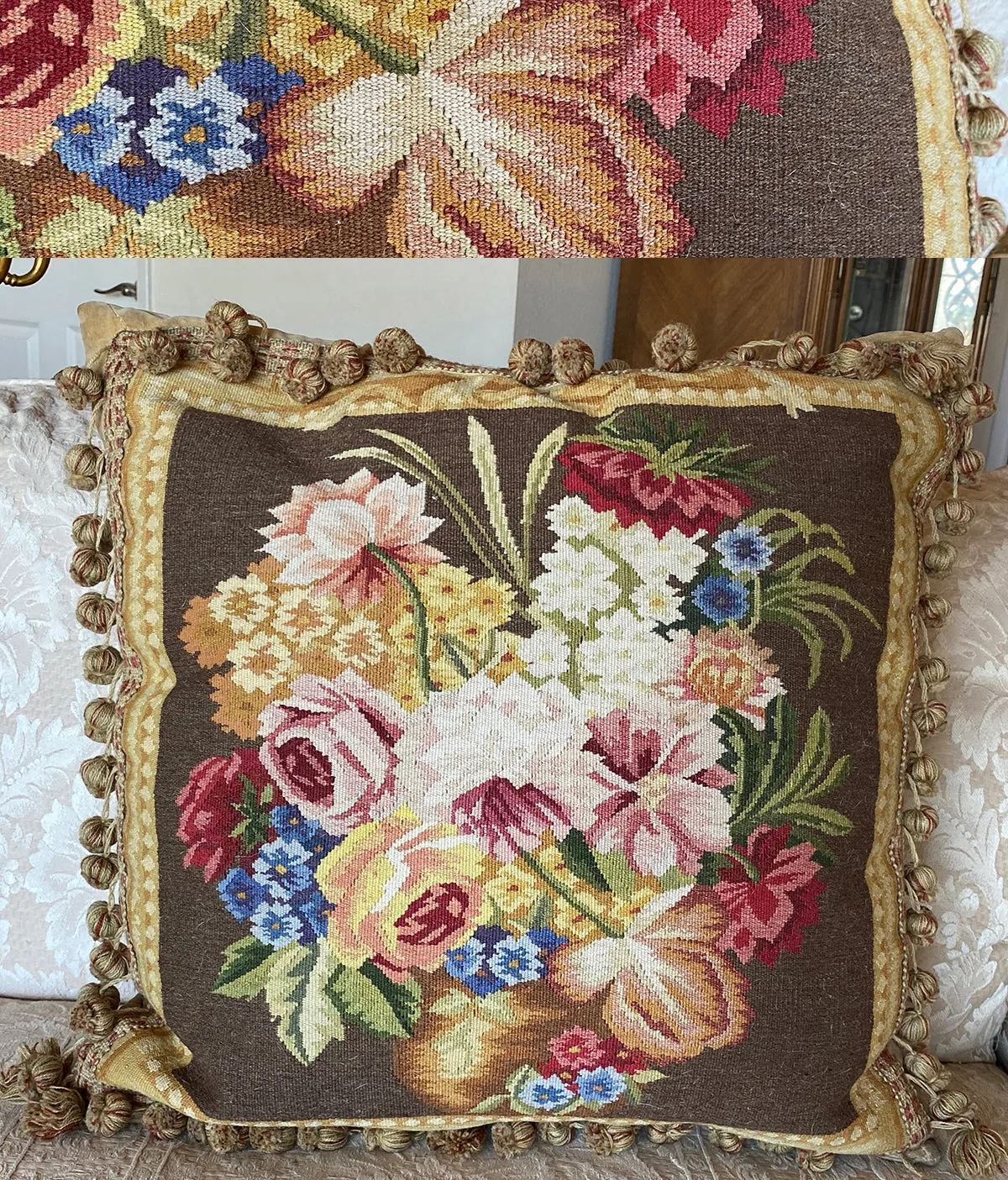 Superb 22" Square French Aubusson Tapestry Panel Vintage Pillow, Ball Fringe Passementerie