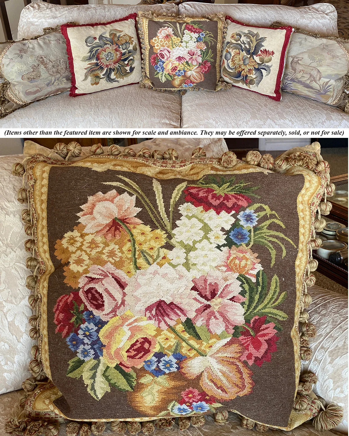 Superb 22" Square French Aubusson Tapestry Panel Vintage Pillow, Ball Fringe Passementerie