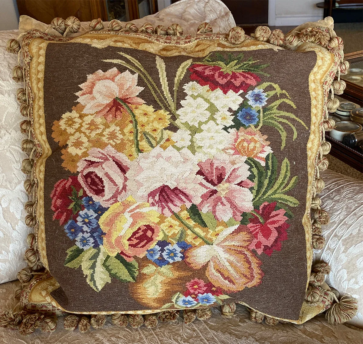 Superb 22" Square French Aubusson Tapestry Panel Vintage Pillow, Ball Fringe Passementerie