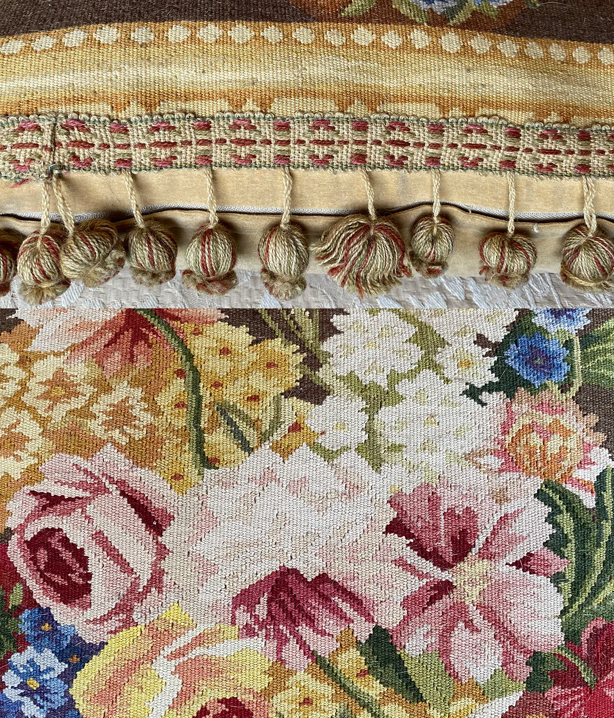 Superb 22" Square French Aubusson Tapestry Panel Vintage Pillow, Ball Fringe Passementerie