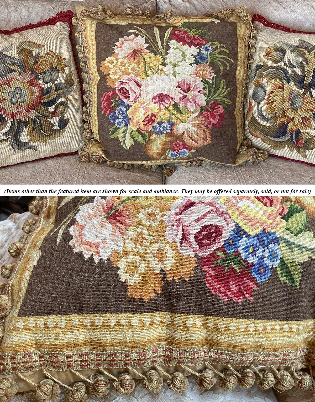 Superb 22" Square French Aubusson Tapestry Panel Vintage Pillow, Ball Fringe Passementerie