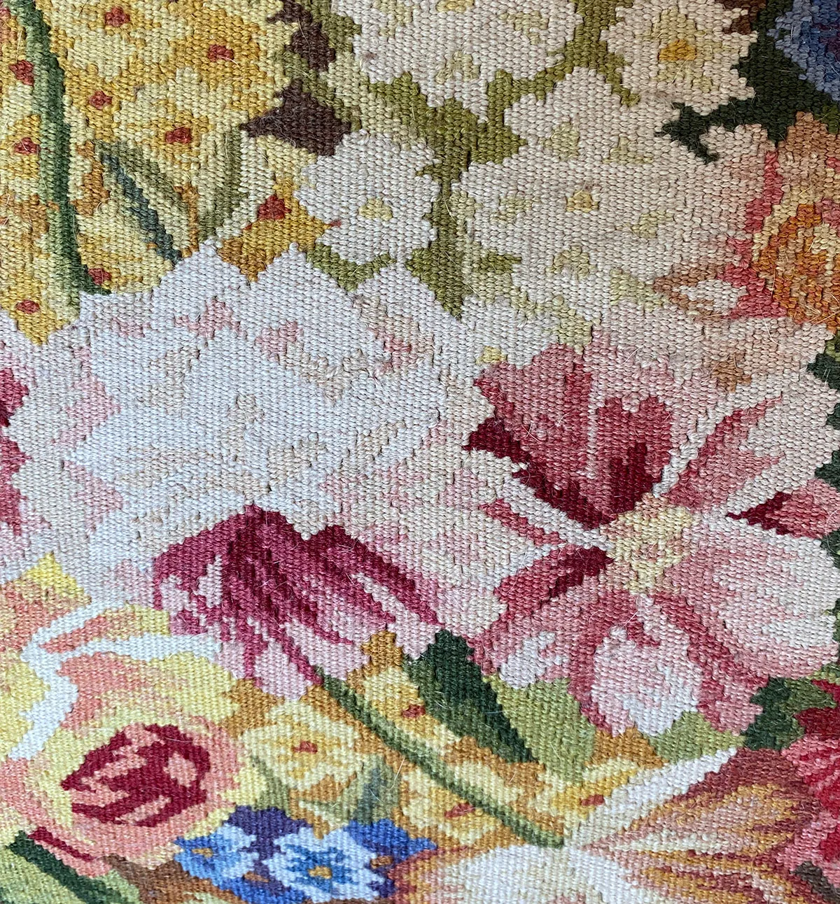 Superb 22" Square French Aubusson Tapestry Panel Vintage Pillow, Ball Fringe Passementerie