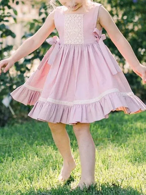 Trendy Bowknot Toddler Girl Pink  Sleeveless Lace Dress