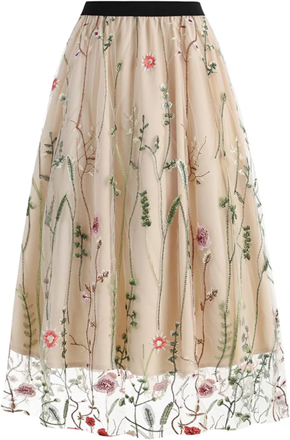Tulle Skirts for Women Ditsy Floral Bohemian Mesh Midi Skirt Double-Layered High Waisted Flowy Long Maxi Skirt