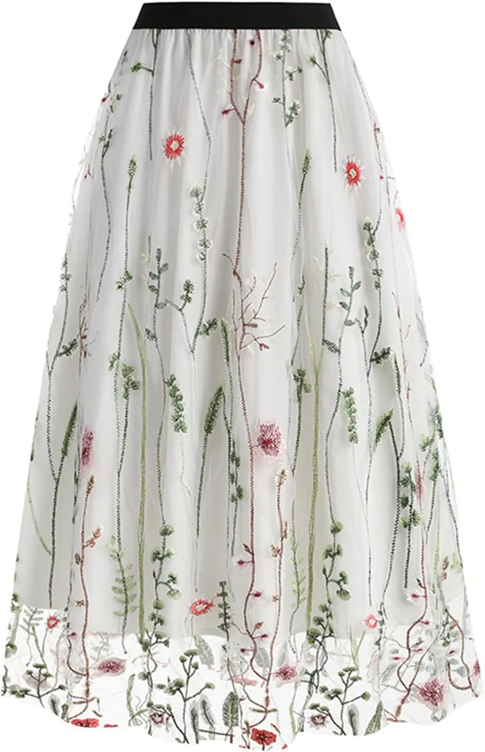 Tulle Skirts for Women Ditsy Floral Bohemian Mesh Midi Skirt Double-Layered High Waisted Flowy Long Maxi Skirt