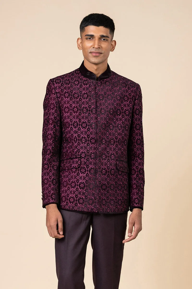 Wine All Over Embroidered Velvet Bandhgala